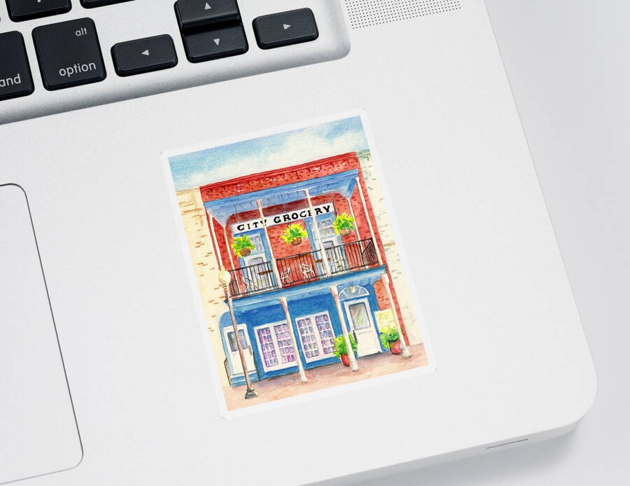 Oxford Ms Sticker featuring the painting City Grocery Oxford Mississippi by Carlin Blahnik CarlinArtWatercolor
