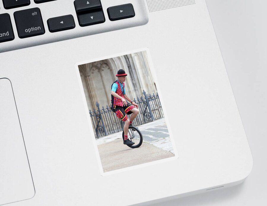 Clown Sticker featuring the photograph Clown riding unicycle in town by Simon Bratt