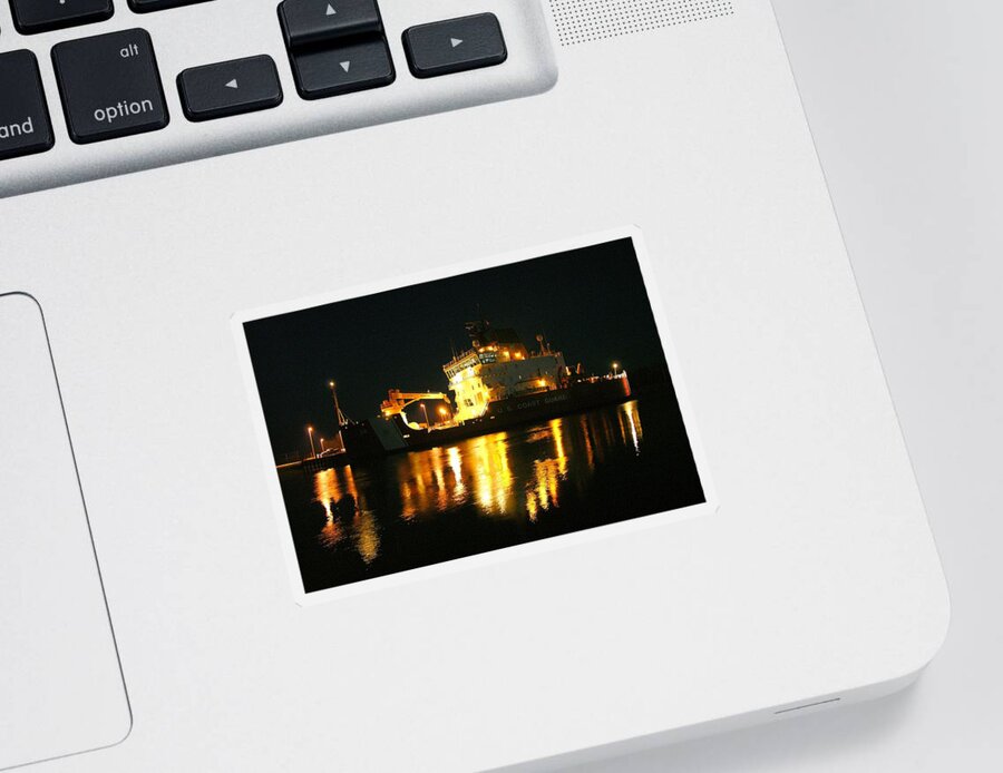 Coast Guard Cutter Sticker featuring the photograph Coast Guard Cutter Mackinaw at night by Keith Stokes