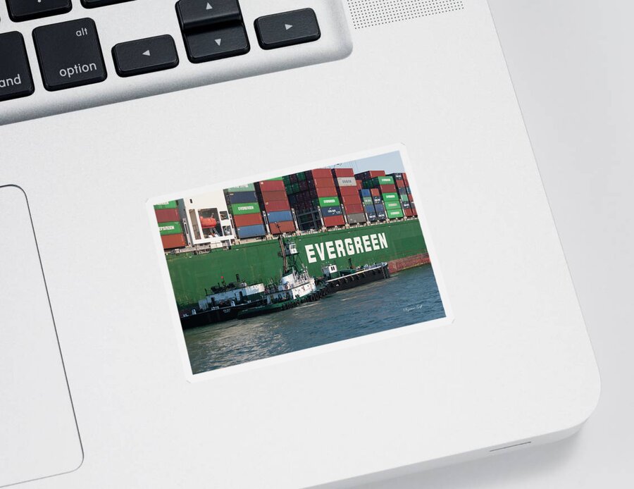 Photograph Sticker featuring the photograph Container Ship with Tug Boats by Suzanne Gaff