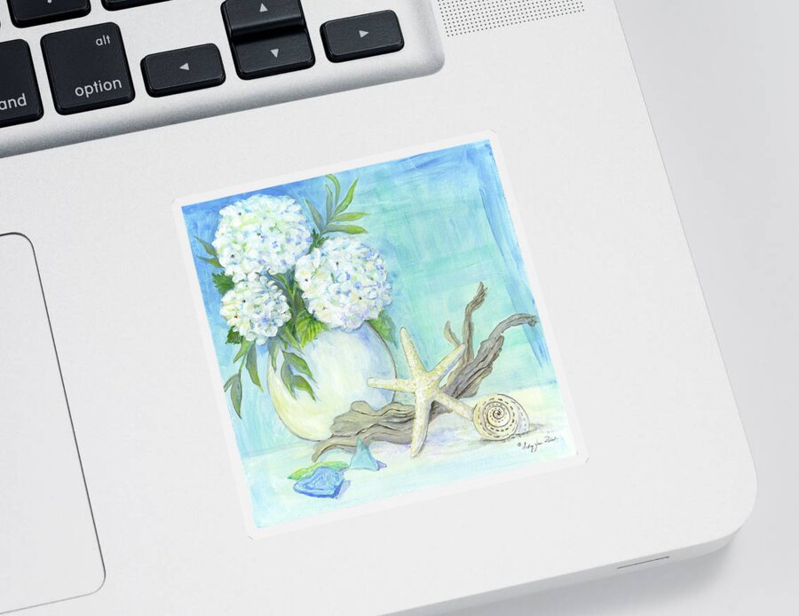 White Hydrangeas Sticker featuring the painting Cottage at the Shore 1 White Hydrangea Bouquet w Driftwood Starfish Sea Glass and Seashell by Audrey Jeanne Roberts