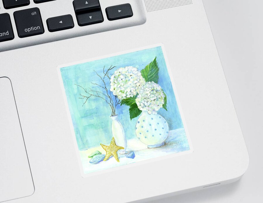 White Hydrangeas Sticker featuring the painting Cottage at the Shore 2 White Hydrangea Bouquet w Sea Glass and Starfish by Audrey Jeanne Roberts