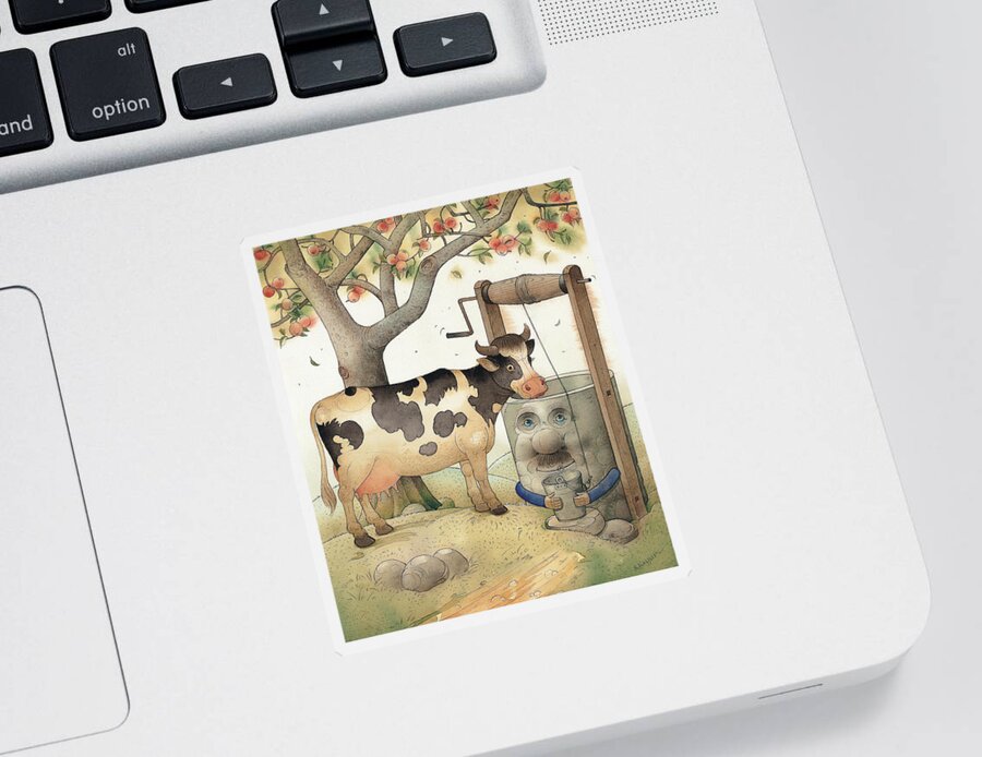 Cow Well Apple Tree Summer Green Thirst Sticker featuring the painting Cow and Well by Kestutis Kasparavicius