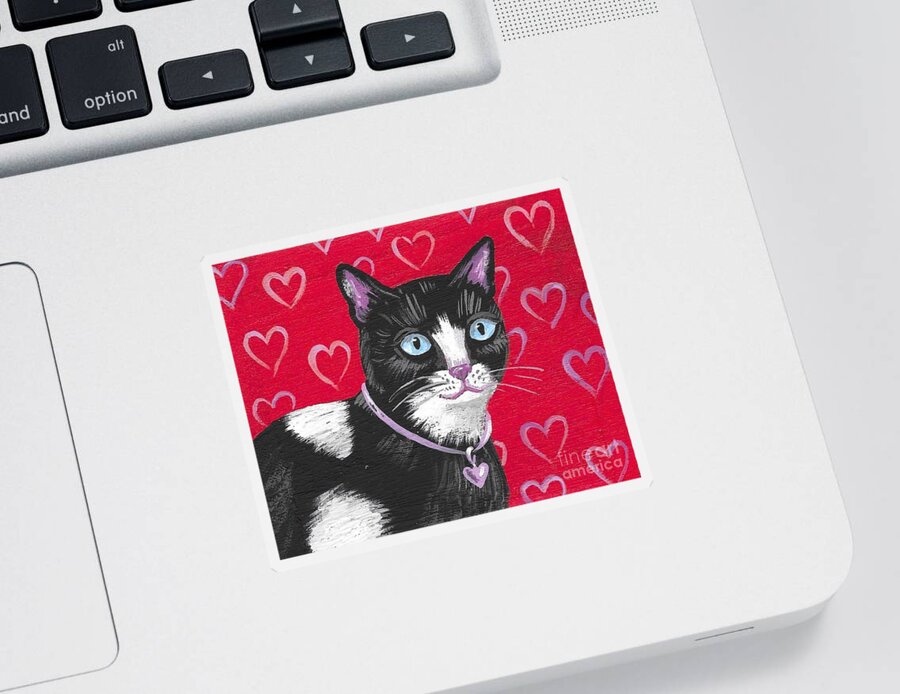Print Sticker featuring the painting Cuddles The Tuxedo Cat by Margaryta Yermolayeva
