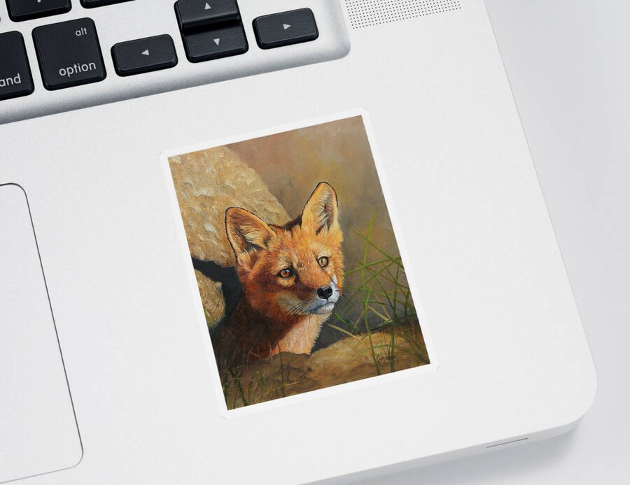 North American Wildlife Sticker featuring the painting Curious - Red Fox Kit by Johanna Lerwick