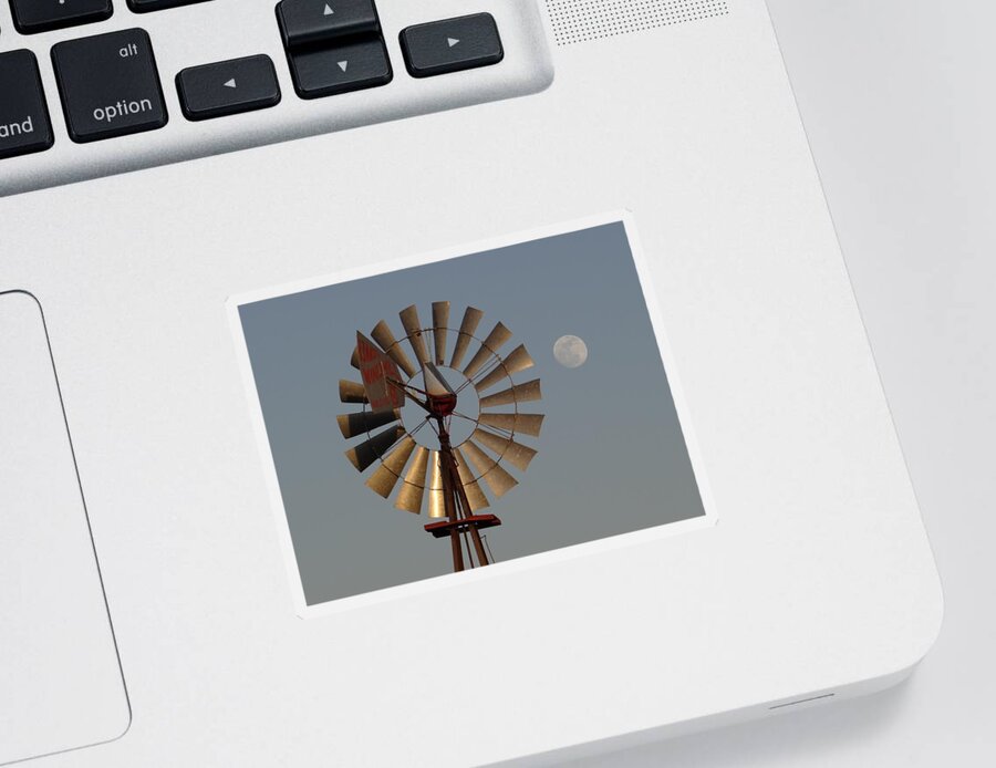 Windmill Sticker featuring the photograph Dakota Windmill And Moon by Keith Stokes