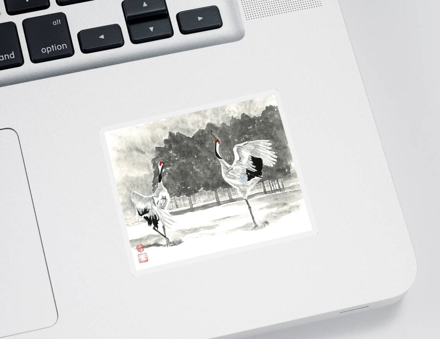 Hokkaido Sticker featuring the painting Dancing Crane II by Terri Harris