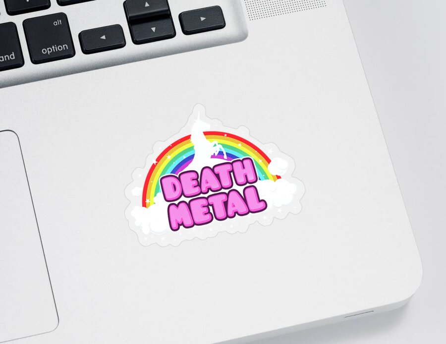 Music Sticker featuring the digital art DEATH METAL Funny Unicorn Rainbow Mosh Parody Design by Philipp Rietz