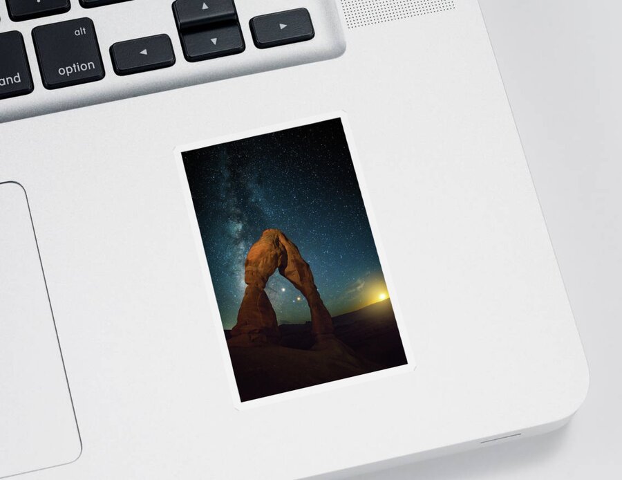 Delicate Arch Sticker featuring the photograph Delicate Arch Moonset by Darren White