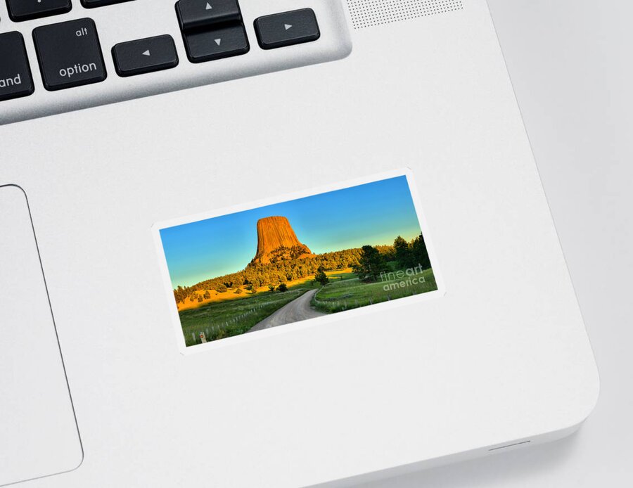 Devils Tower Sunset Sticker featuring the photograph Devils Tower Panoramic Sunset by Adam Jewell