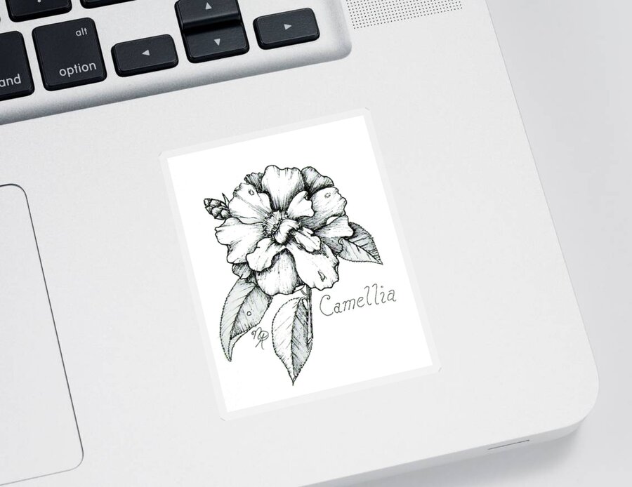 Camellia Sticker featuring the drawing Dew Kissed Camellia by Nicole Angell