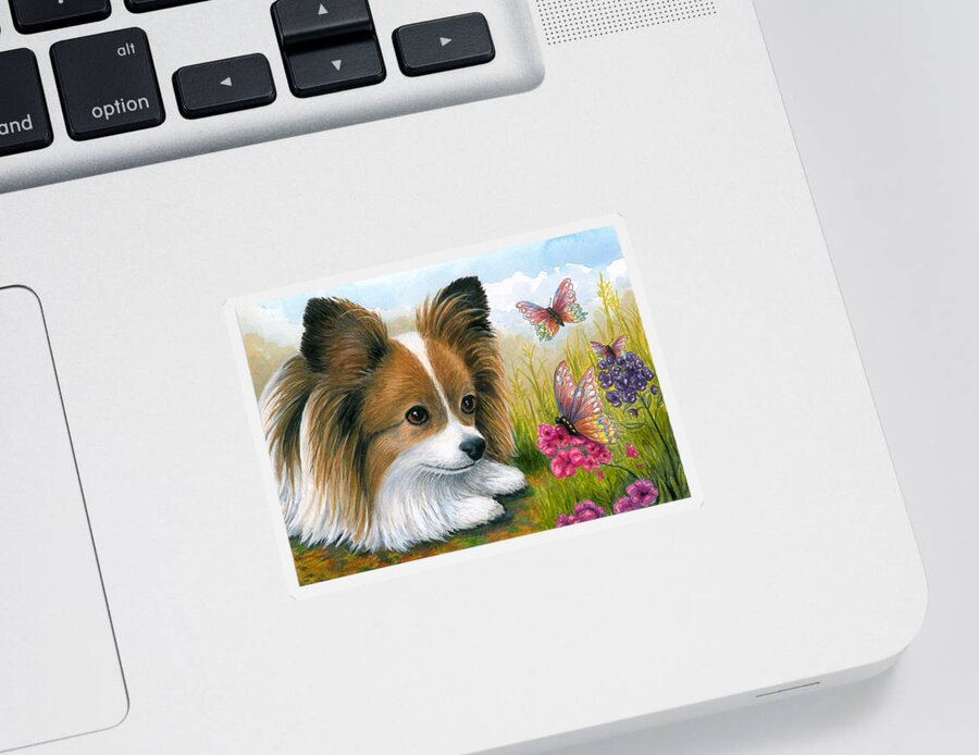 Dog Sticker featuring the painting Dog 123 Papillon by Lucie Dumas