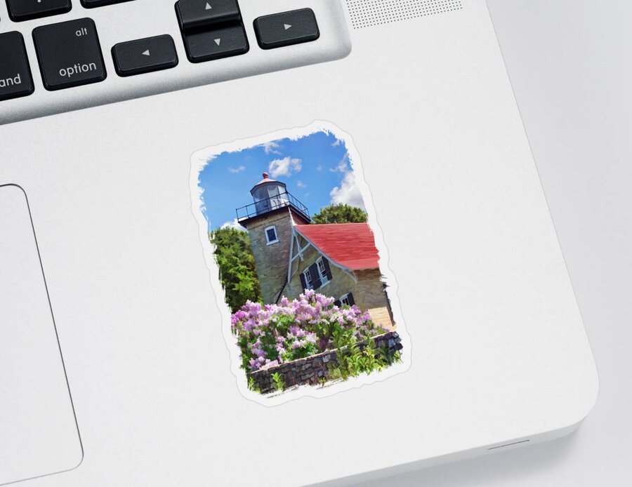 Door County Sticker featuring the painting Door County Eagle Bluff Lighthouse Lilacs by Christopher Arndt