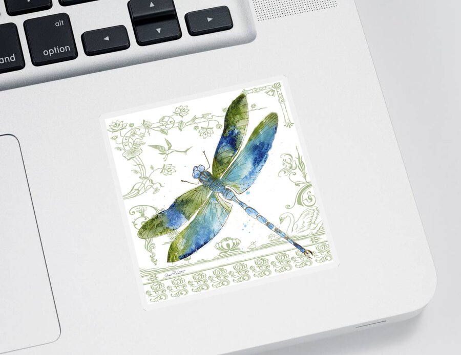 Jean Plout Sticker featuring the painting Dragonfly Bliss-JP3444 by Jean Plout