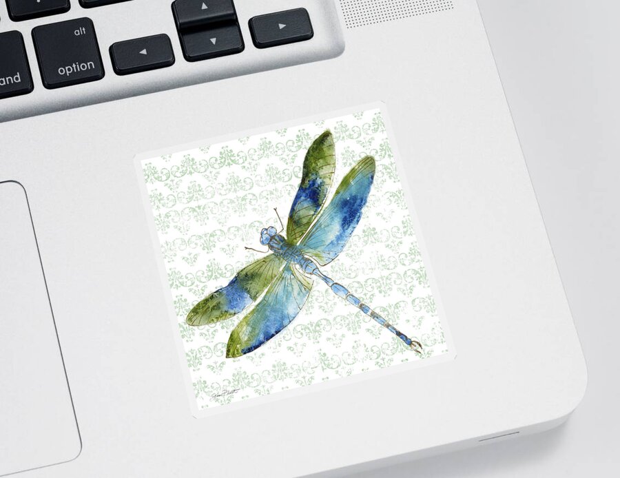Jean Plout Sticker featuring the painting Dragonfly Bliss-JP3435 by Jean Plout