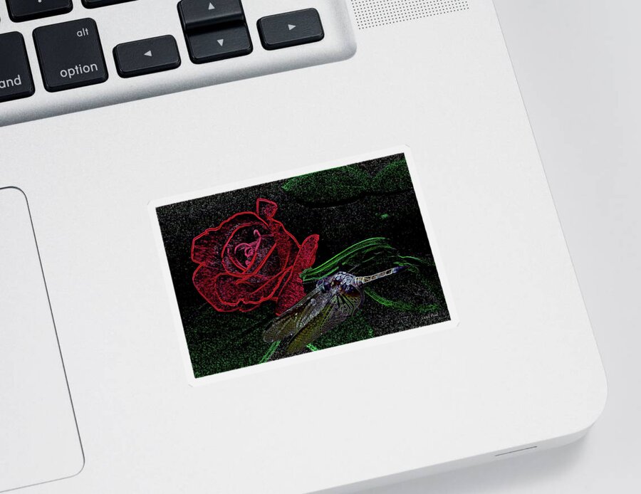 Dragonfly Sticker featuring the photograph Dragonfly Dash With The Rose Neon by Lesa Fine