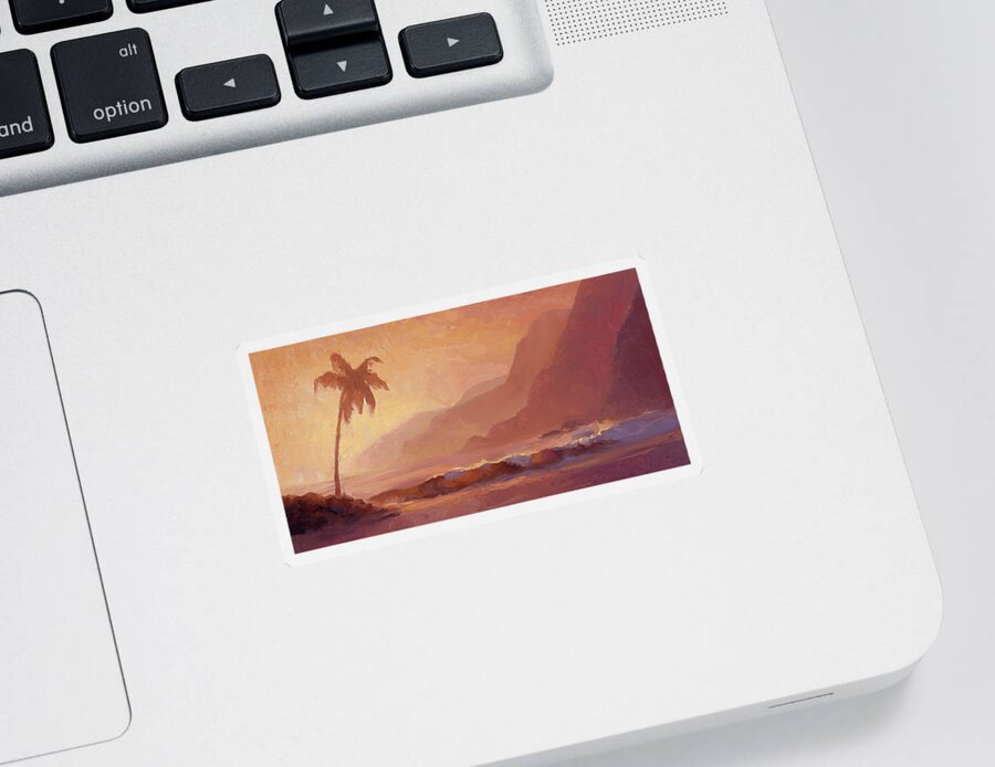 Hawaiian Palm Tree Landscape Sticker featuring the painting Dreams of Hawaii - Tropical Beach Sunset Paradise Landscape Painting by K Whitworth