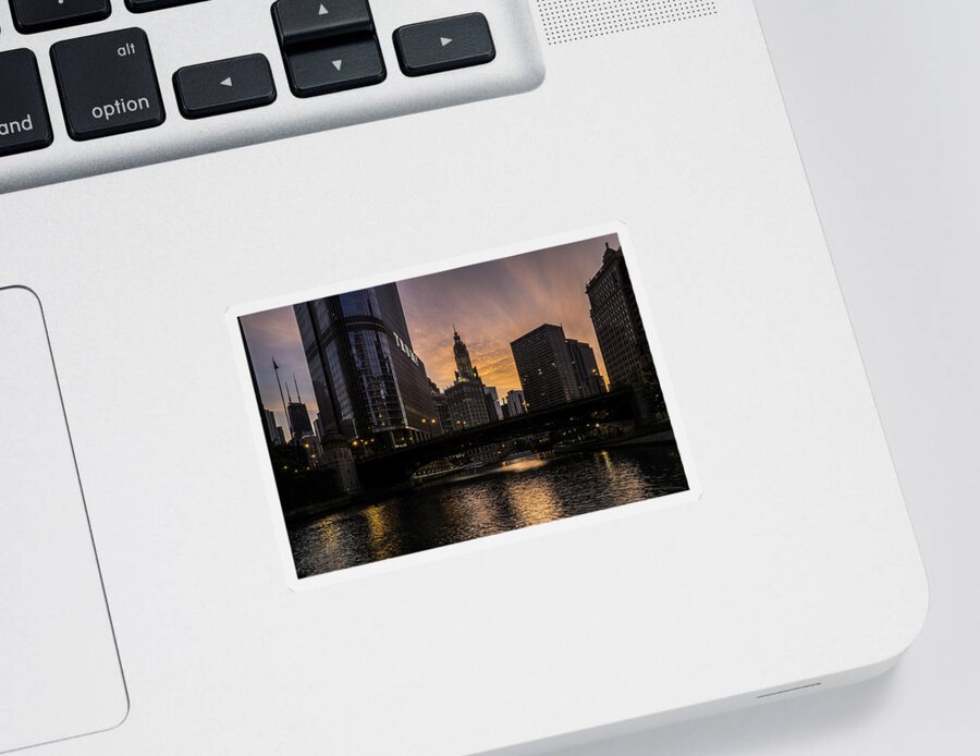 Chicago River Sticker featuring the photograph early morning orange sky on the Chicago Riverwalk by Sven Brogren