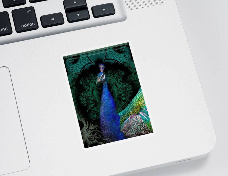 Regal Sticker featuring the mixed media Elegant Peacock w Vintage Scrolls by Audrey Jeanne Roberts