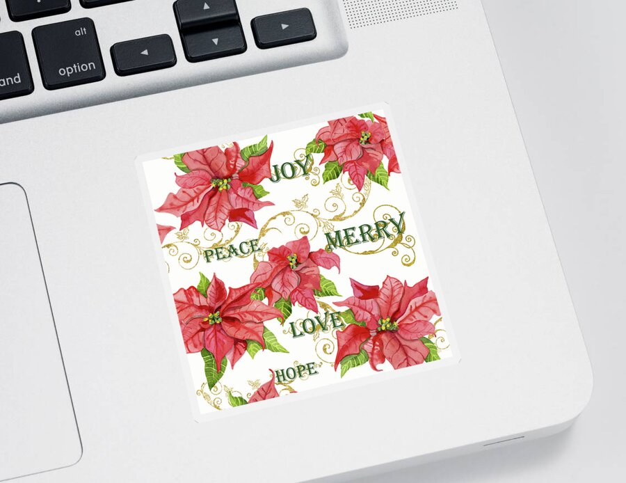 Watercolor Sticker featuring the painting Elegant Poinsettia Floral Christmas Love Joy Peace Merry Hope Typography Swirl by Audrey Jeanne Roberts