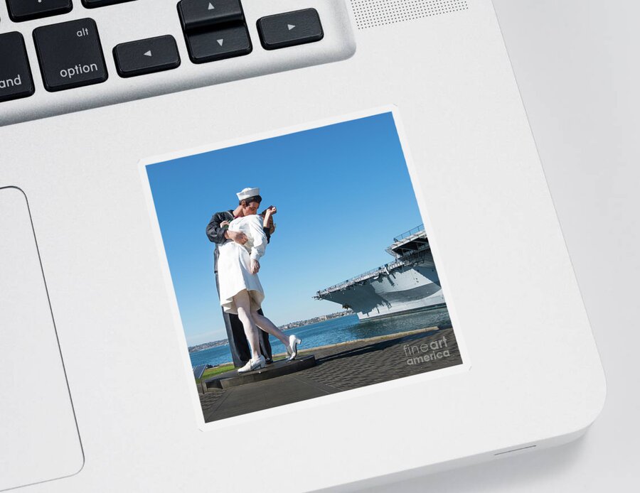 Embracing Peace Sculpture Sticker featuring the photograph Embracing Peace Sculpture and USS Midway Aircraft Carrier by David Levin