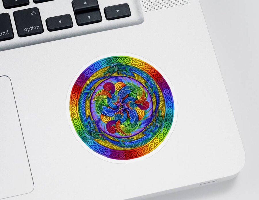 Dragon Sticker featuring the drawing Psychedelic Dragons Rainbow Mandala by Rebecca Wang
