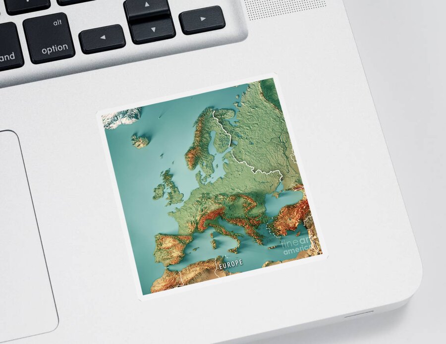 Europe Sticker featuring the digital art Europe 3D Render Topographic Map Color Border by Frank Ramspott