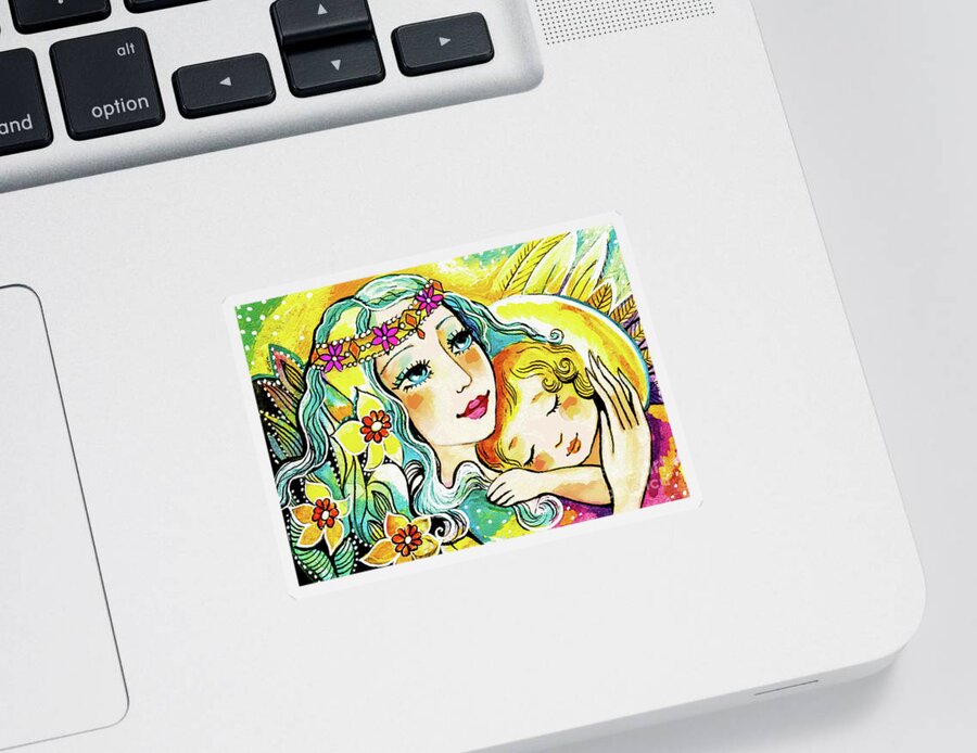 Mother And Child Sticker featuring the painting Fairy Mother and Angel Child by Eva Campbell