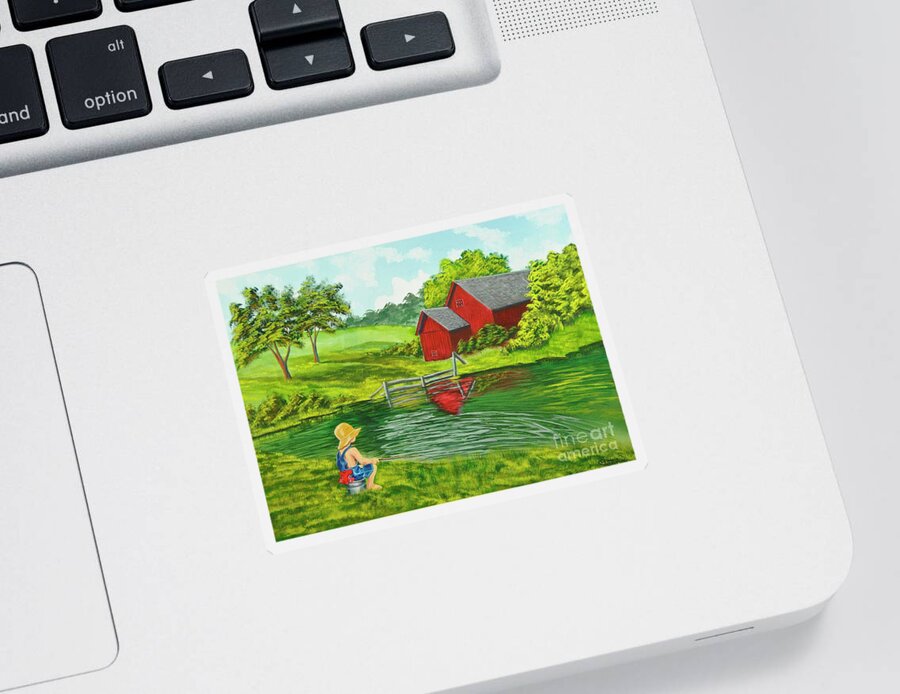 Country Kids Art Sticker featuring the painting Favorite Fishing Hole by Charlotte Blanchard
