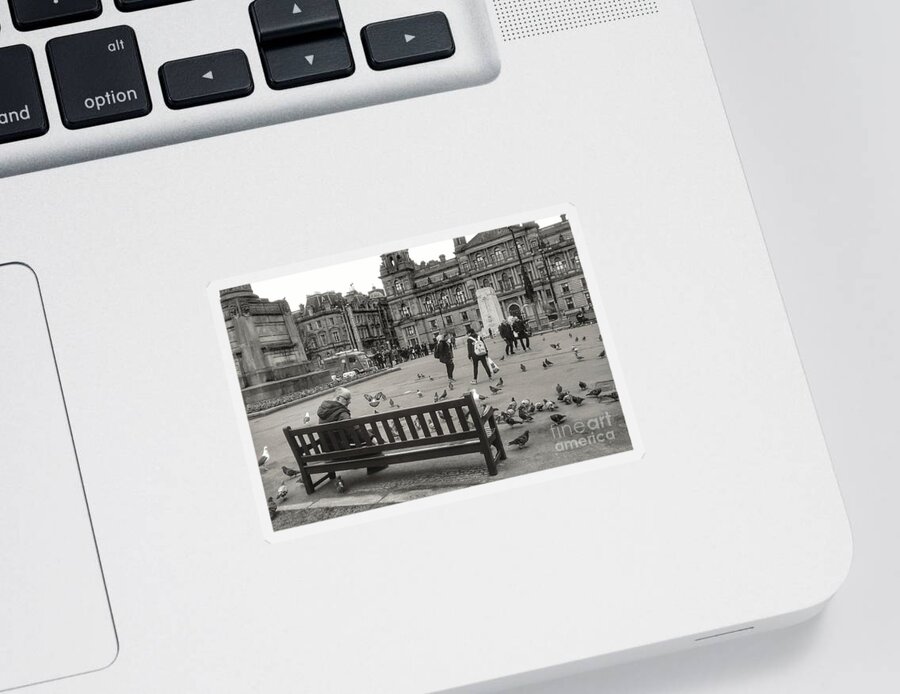 George Square Sticker featuring the photograph Feeding the Birds at George Square In Greyscale by Joan-Violet Stretch