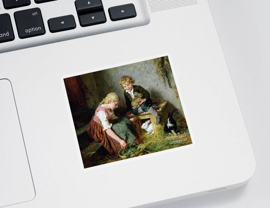 Feeding Sticker featuring the painting Feeding the Rabbits by Felix Schlesinger