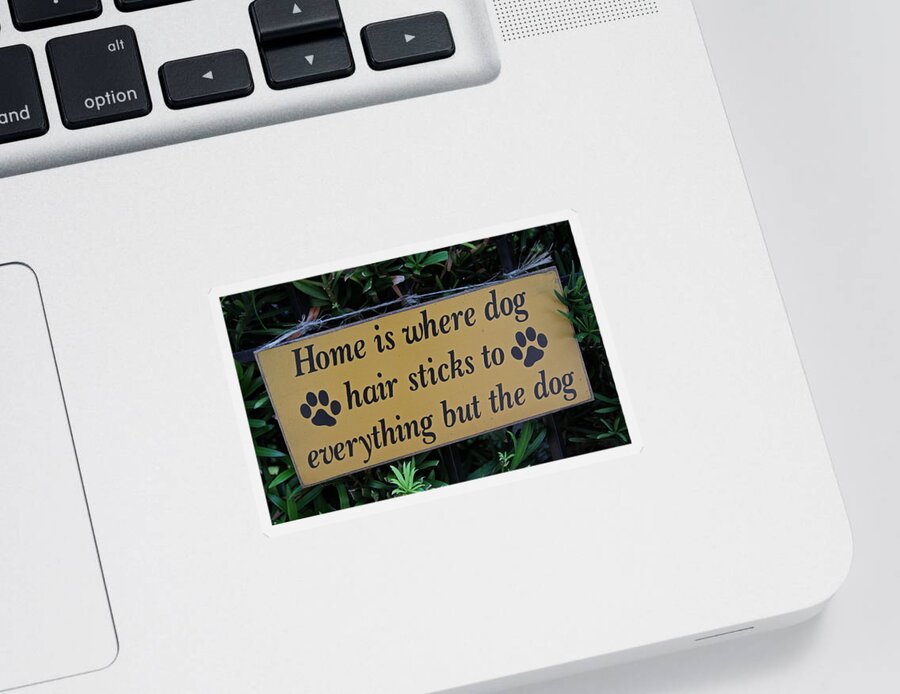 Pet Sticker featuring the photograph Fence Post With Puppy Saying by Juergen Roth