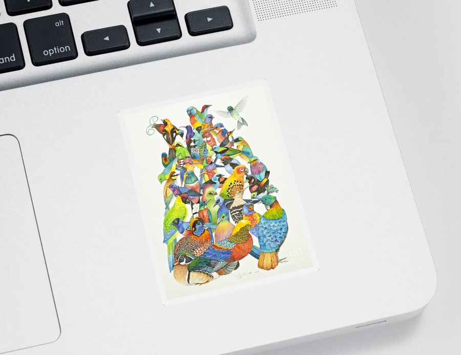 Colorful Birds Sticker featuring the painting Festive Flock by Lucy Arnold