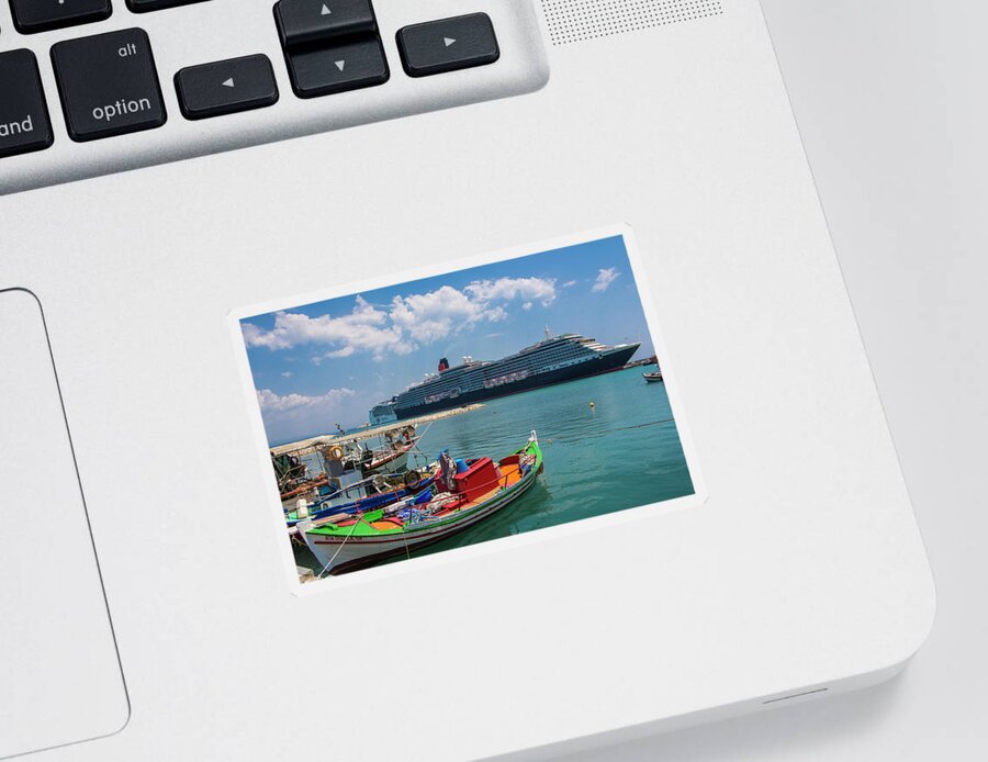 Travel Sticker featuring the photograph Fishing Boats And Cruise Ship, Katakolon, Greece by Venetia Featherstone-Witty