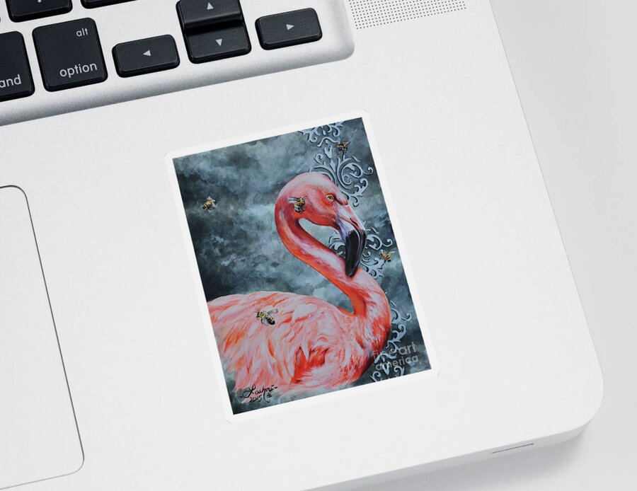 Flamingo Sticker featuring the painting Flamingo and Bees by Lachri