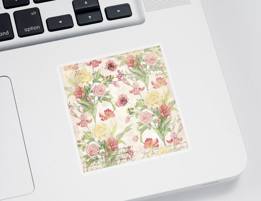 Peony Sticker featuring the painting Fleurs de Pivoine - Watercolor in a French Vintage Wallpaper Style by Audrey Jeanne Roberts