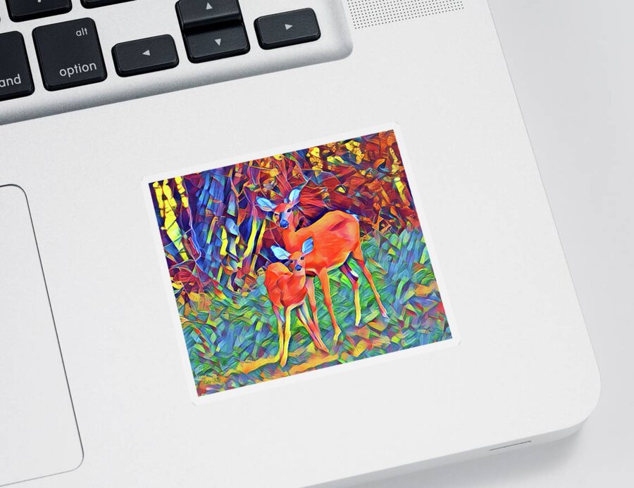 Whitetail Deer Sticker featuring the digital art Forest Doe and Fawn by Kathy Kelly