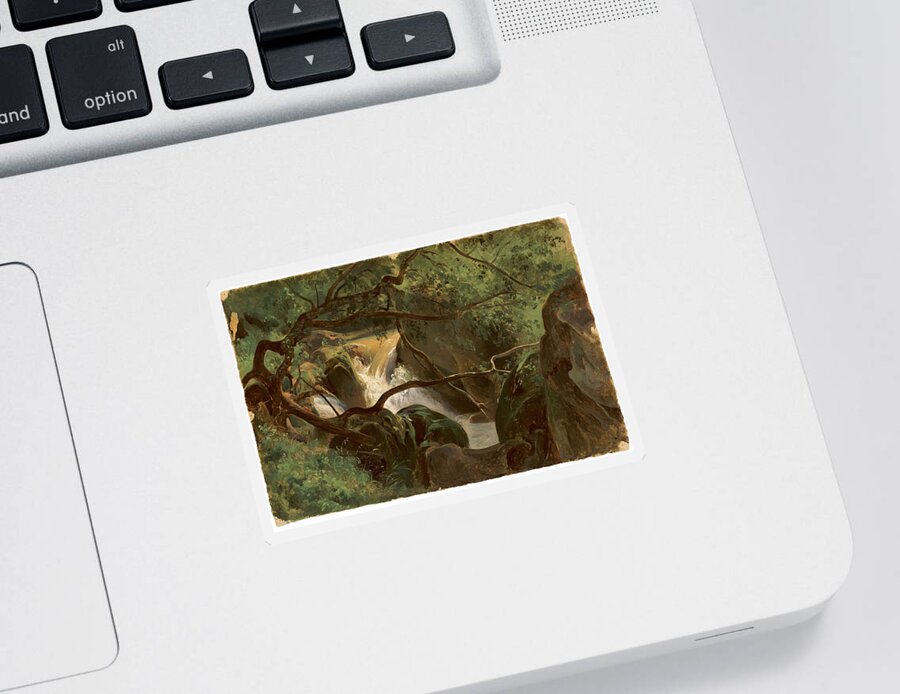 Artist Sticker featuring the painting Forest Interior With A Waterfall Papigno by Andre Giroux