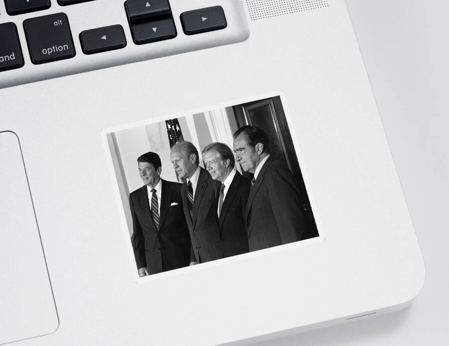 Ronald Reagan Sticker featuring the photograph Four American Presidents Posing Together - 1981 by War Is Hell Store