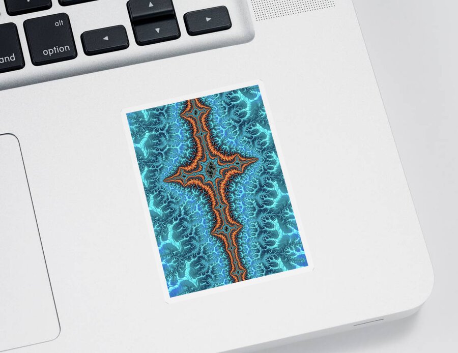 Cross Sticker featuring the digital art Fractal cross turquoise and orange by Matthias Hauser