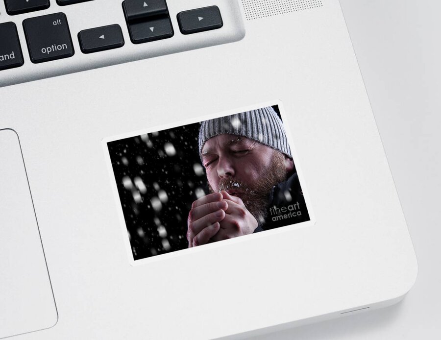 Snow Sticker featuring the photograph Freezing cold man in snow storm by Simon Bratt