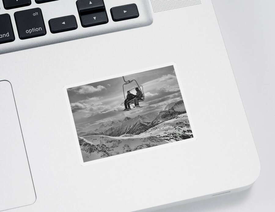 Skiers Sticker featuring the photograph Friends In The Sunshine Village Skies Black And White by Adam Jewell