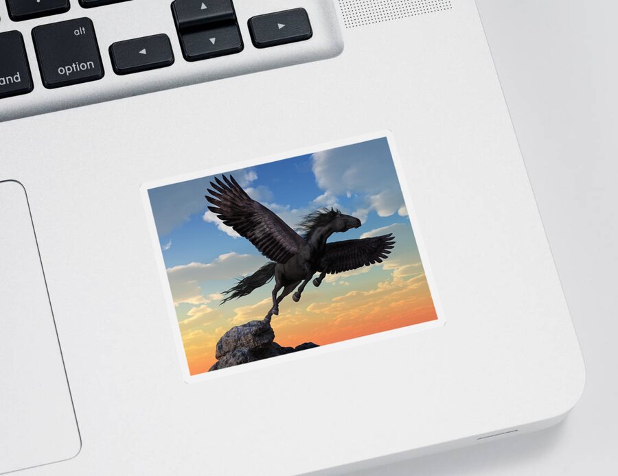Black Pegasus Sticker featuring the digital art Friesian Pegasus by Daniel Eskridge