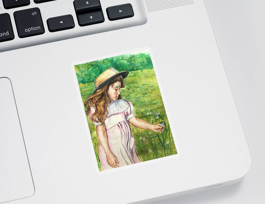 Picking Daisy In A Field With Her Straw Hat And Pink Dress. Sticker featuring the painting Girl in straw Hat by Charme Curtin