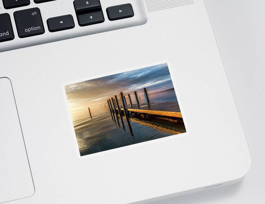 Higgins Lake Sunrise Sticker featuring the photograph Glowing Dock by Joe Holley