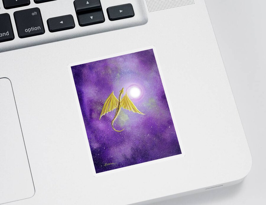Dragon Sticker featuring the painting Golden Dragon Soaring in Purple Cosmos by Laura Iverson