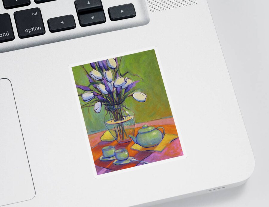 Flowers Sticker featuring the painting Green Teapot by Konnie Kim
