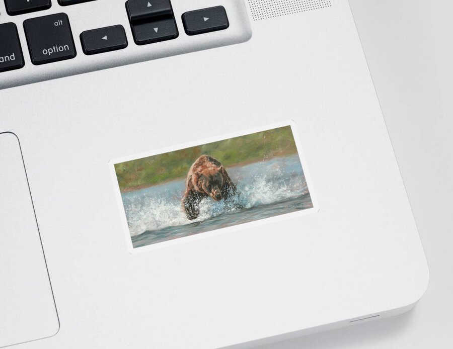Brown Bear Sticker featuring the painting Grizzly Charge by David Stribbling