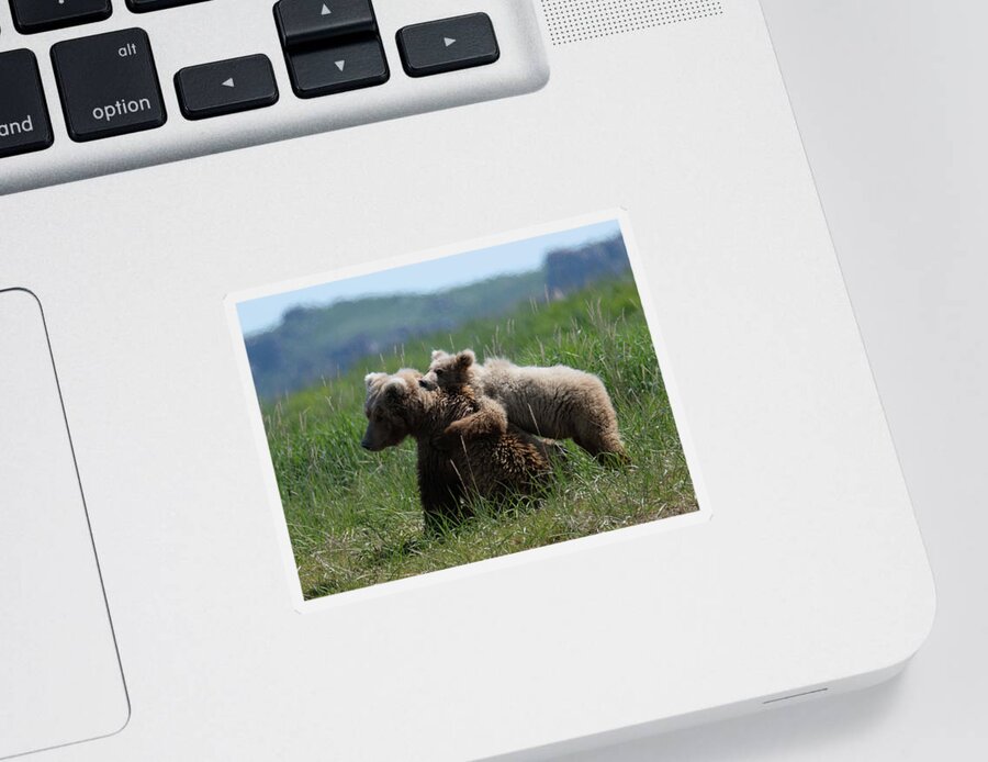 Wildlife Sticker featuring the digital art Grizzly Mother And a Cub in Katmai National Park by OLena Art