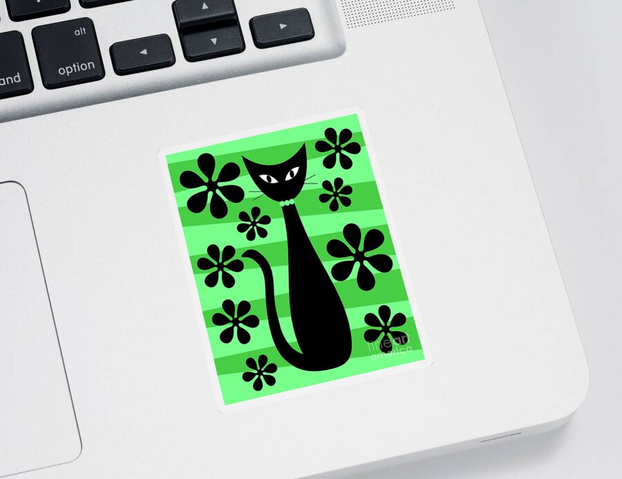 Donna Mibus Sticker featuring the digital art Groovy Flowers with Cat Green and Light Green by Donna Mibus